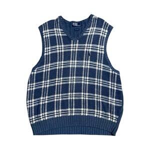 Polo Ralph Lauren Sweater Vest Mens XL Blue Plaid Knit Pullover Cotton Linen
